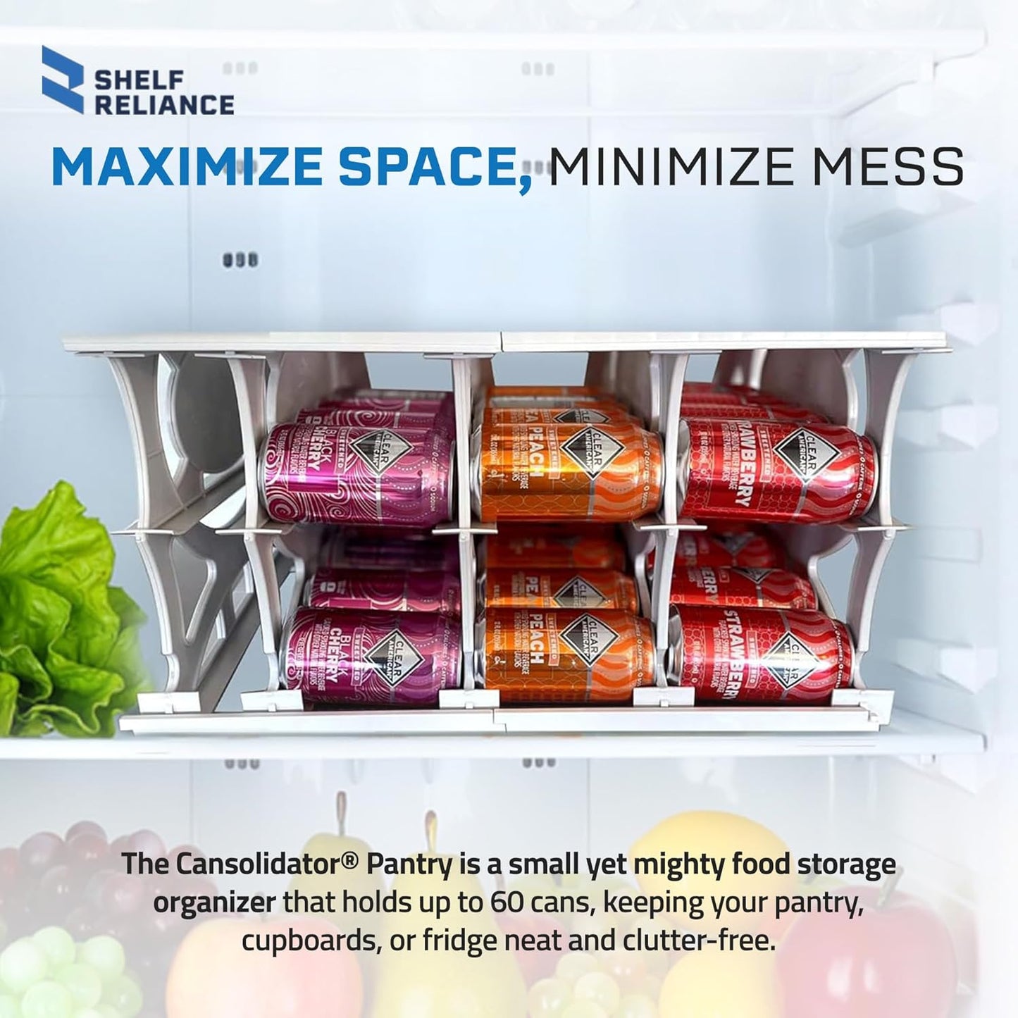 Shelf Reliance Cansolidator Pantry Plus - 1-Pack Can Organizer for Pantry, Stackable Soda Can Storage for Kitchen, Holds 60 Cans of Food or Soda