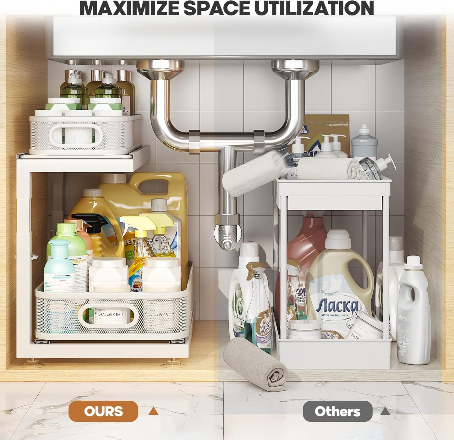 2-Pack 18.5 IN Depth Under Sink Organizer With Next-Gen Ball-Bearing Slides,Sophisticated Mesh 2-Tier Pull Out Shelf for Kitchen & Bathroom,Fits Small Items-White(Patented)