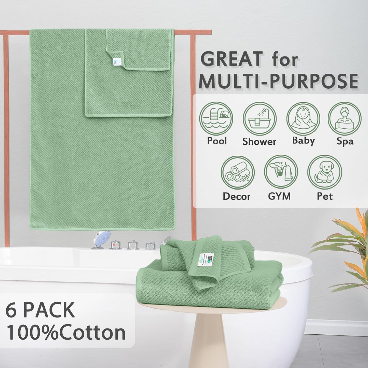 VOOVA & MOVAS Green Towels for Bathroom - 100% Cotton | Quick Dry | Lightweight | Thick | Soft, 6 Piece Towel Set, 2 Large Bath 30"x56", 2 Hand 18"x28", 2 Wash Cloths 13"x13", Towel Gift Set, Sage