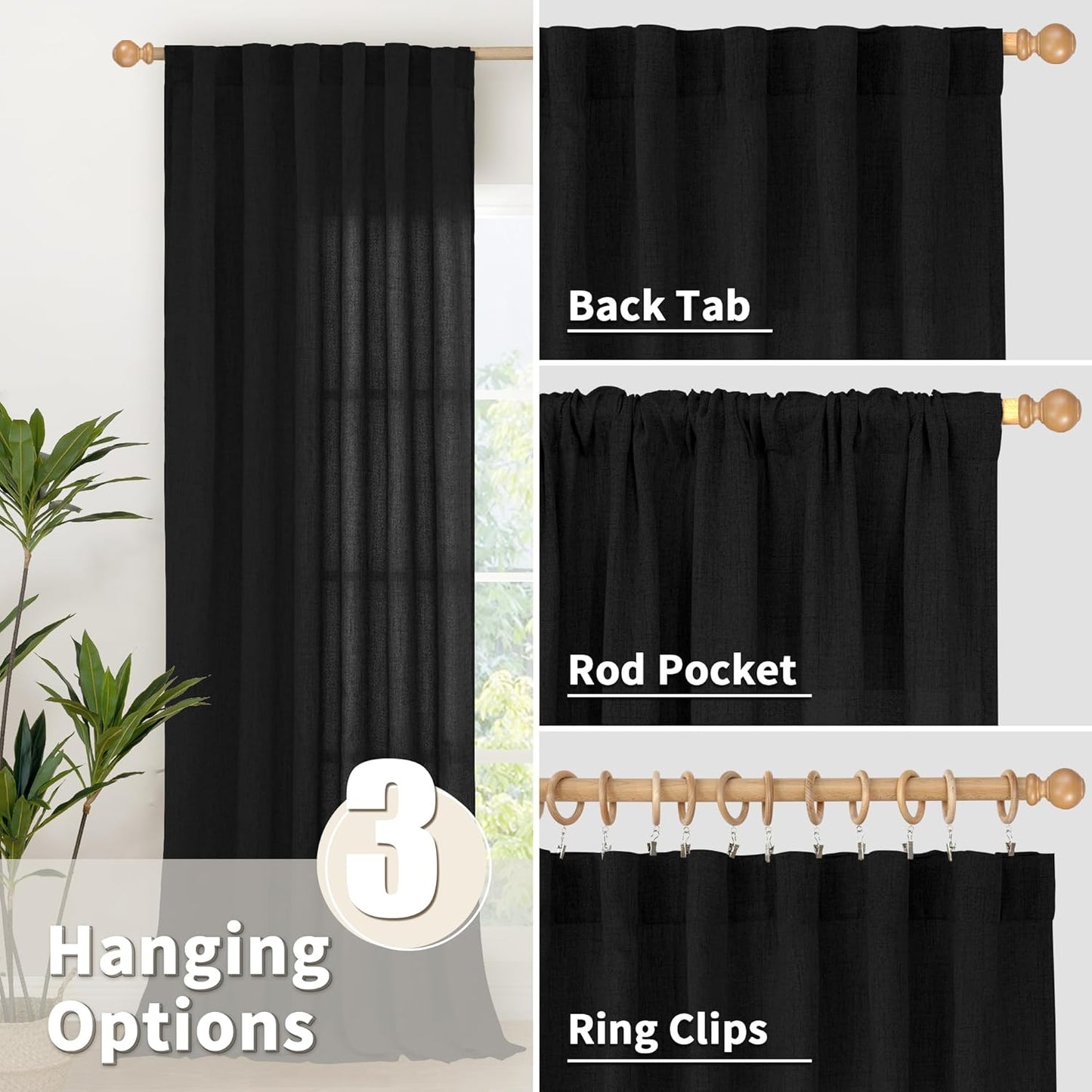 YoungsTex Black Linen Curtains 63 inch Length 2 Panels for Living Room, Back Tab and Rod Pocket Semi Sheer Drapes Light Filtering for Bedroom Gothic Decorative, 52 X 63 Inch