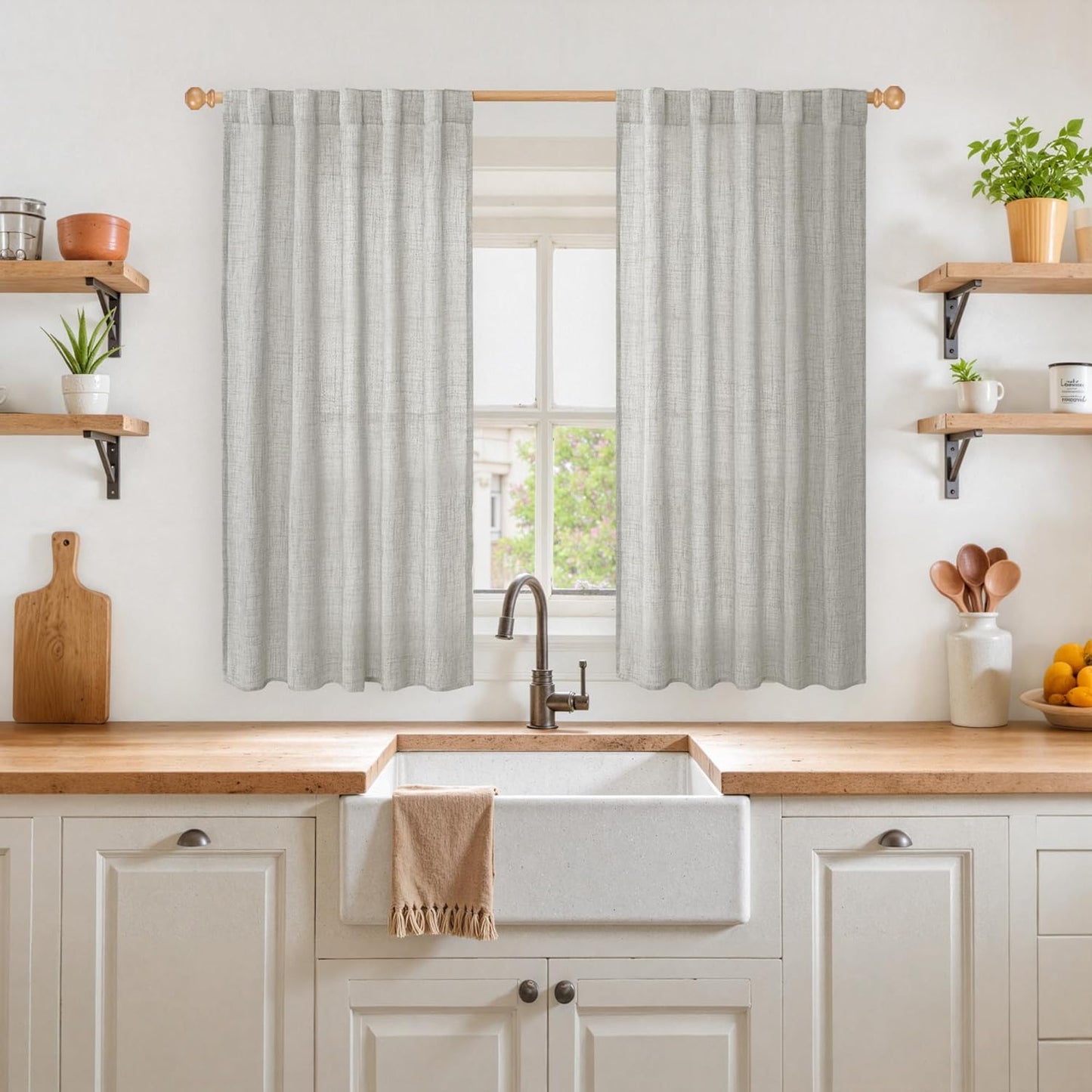 YoungsTex Light Grey Linen Curtains 45 Inch Length for Short Window, Light Filtering Burlap Textured Drapes Rod Pocket Back Tab for Kitchen Living Room Bedroom, 2 Panels, 42 X 45 Inch