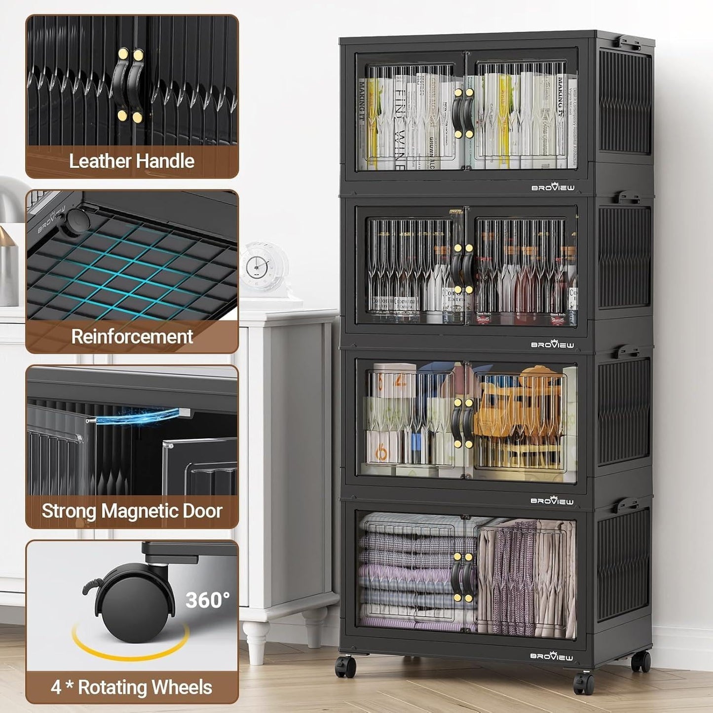 BROVIEW 400Qt Stackable Storage Bins with Lid, Extra Large Closet Organizer Collapsible Drawer Boxes with Wheels, Folding Plastic Cabinet Containers for Home Kitchen Room Organization, 5Pack Black