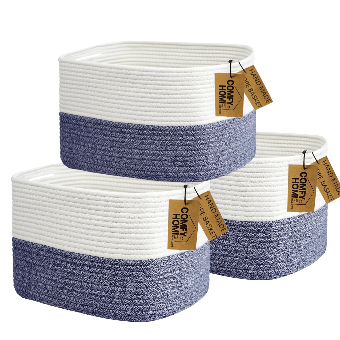 COMFY-HOMI 3 Pack Medium Cotton Rope Basket with Handles for Shelves, Dog Toy, Baby, Gift Organizing, Handwoven Craft - New Generation 13.5" x 11" x 9.5" (Navy Blue)