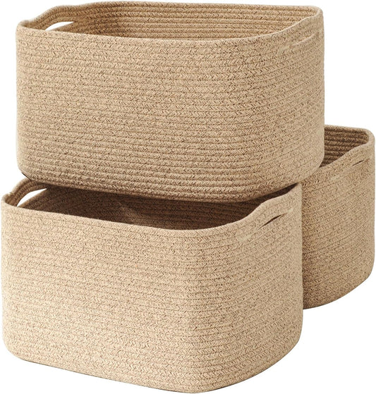 Large Storage Baskets for Organizing Shelves, Woven Cotton Rope Bins for Baby Nursery Organization, Book Toy Towel Organizer, 17"x13"x9.5", 3 Packs, Brown