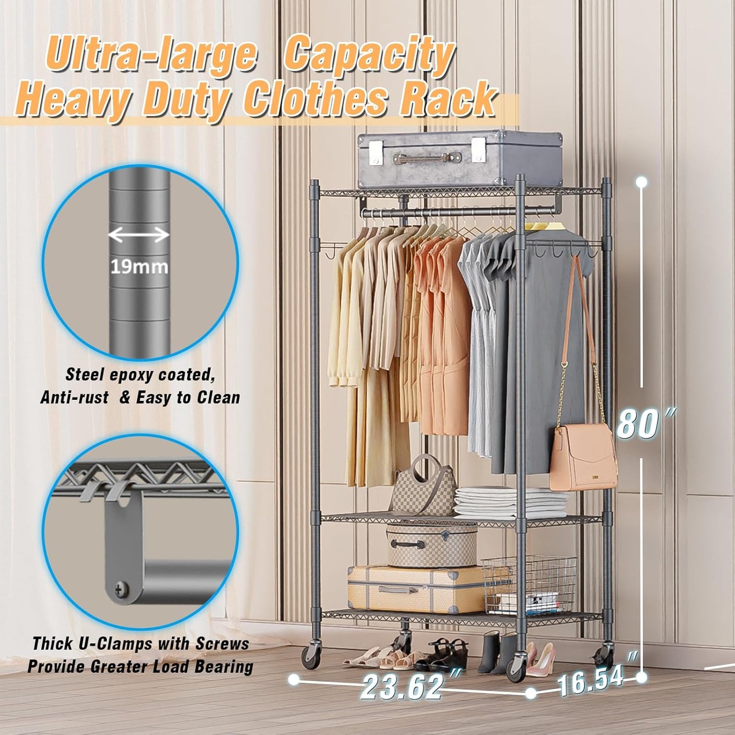 Homdox Garment Rack Heavy Duty, 3 Tier Rolling Clothing Racks for Hanging Clothes, Metal Wardrobe Closet, Free-Standing Clothes Organizer Rack with Double Rods & Side hooks, Gray