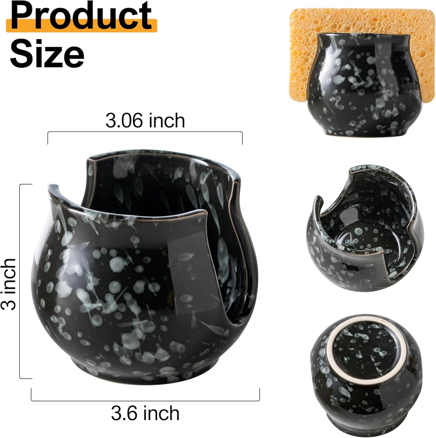 Kitchen Sponge Holder, Ceramic Dish Sponge Holder Kithen Sink Organizer Farmhouse Brush Holder Dish Rack for Bathroom, Kitchen, Sink, Black