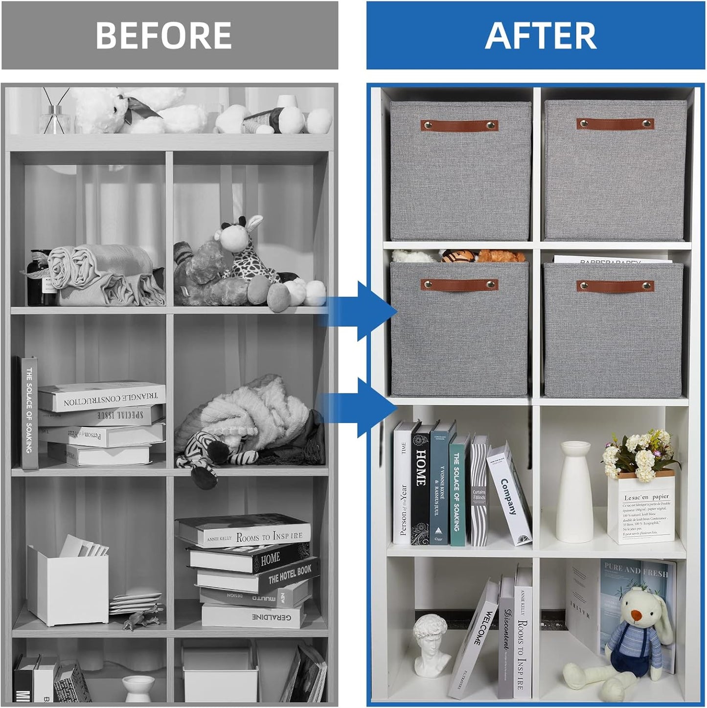 Temary 12x12 Storage Cube Bins 4 Pack Fabric Storage Cubes Storage Bins with Leather Handles, Storage Baskets Foldable Cube Organizers Bins for Home (Grey)