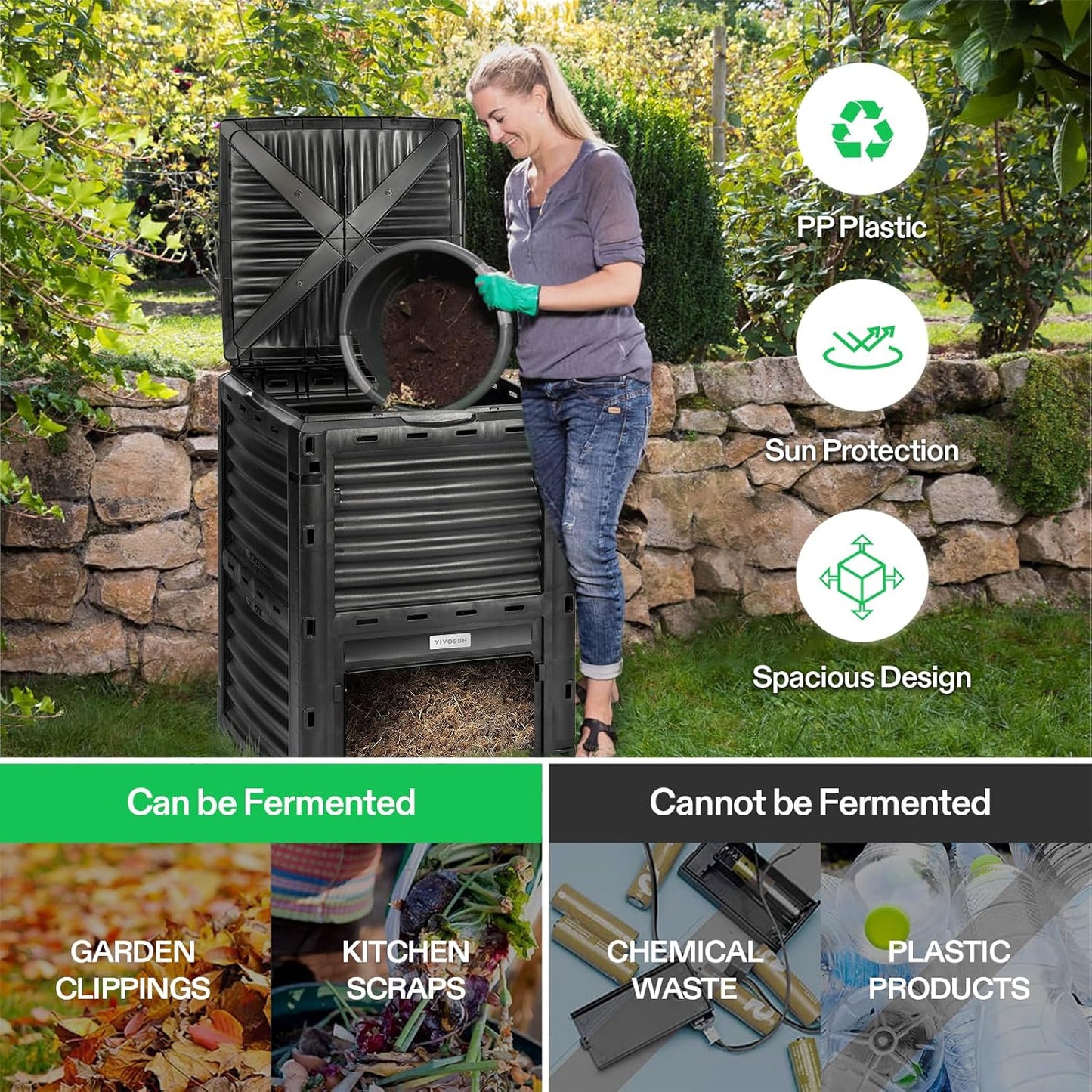 VIVOSUN Compost Bin 80Gallon (300L), Outdoor Composter W/Large Capacity & Easy Assembling, Compost Barrel for Fast Creation of Fertile Soil