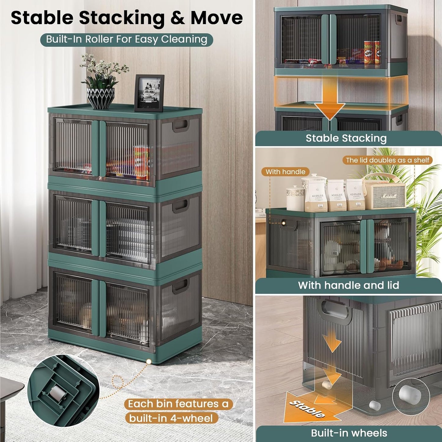 19Gal Collapsible Storage Bins with Lids & Wheels - 4 Pack Stackable with Doors, Heavy-Duty Plastic Containers for Home/Office, Green