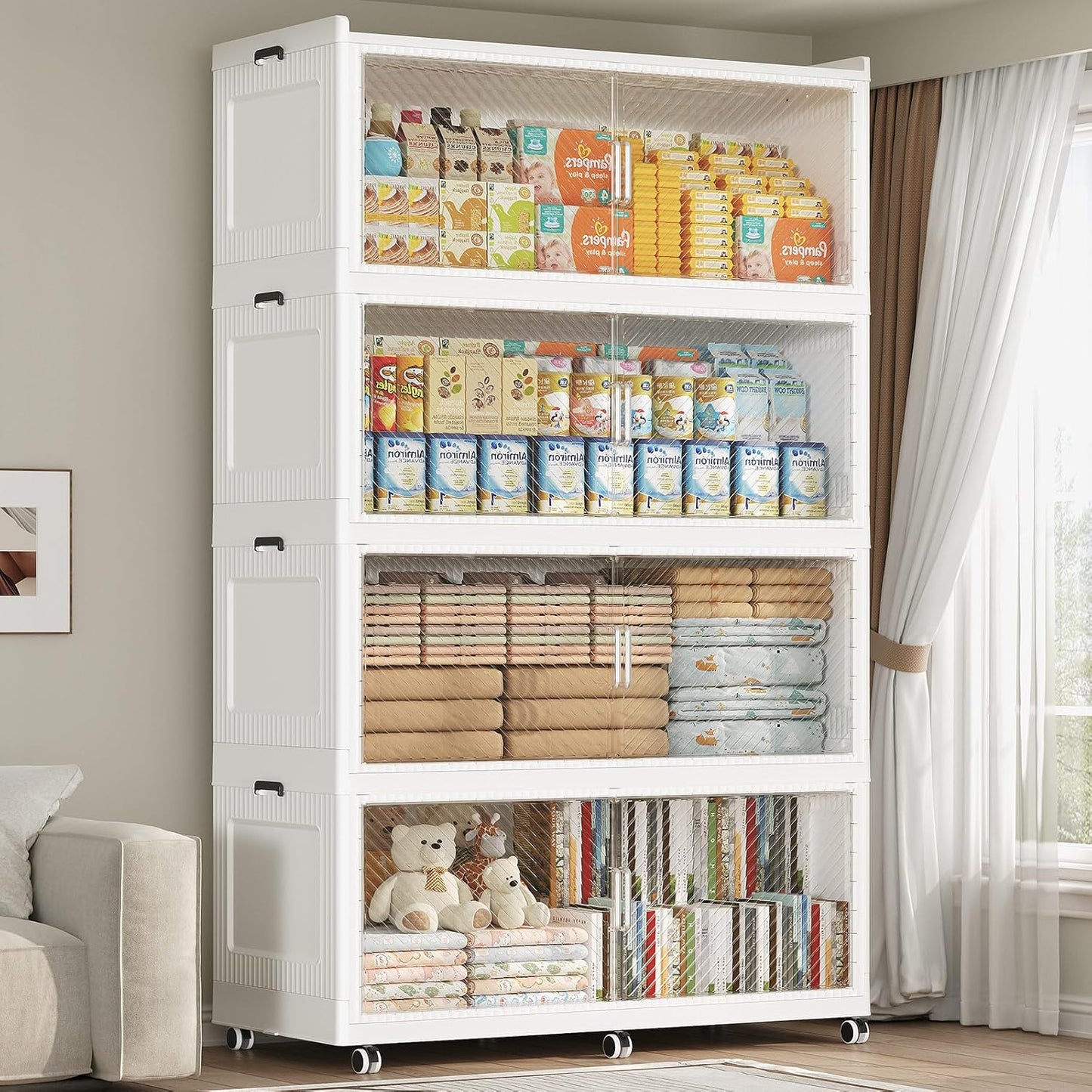 200GAL Extra Large Storage Bins with Lid, 800QT Collapsible Organizer with Wheels, Stackable Closet Cabinet with Doors, Folding Storage Containers for Home, Office, Dorm, 4Pack White