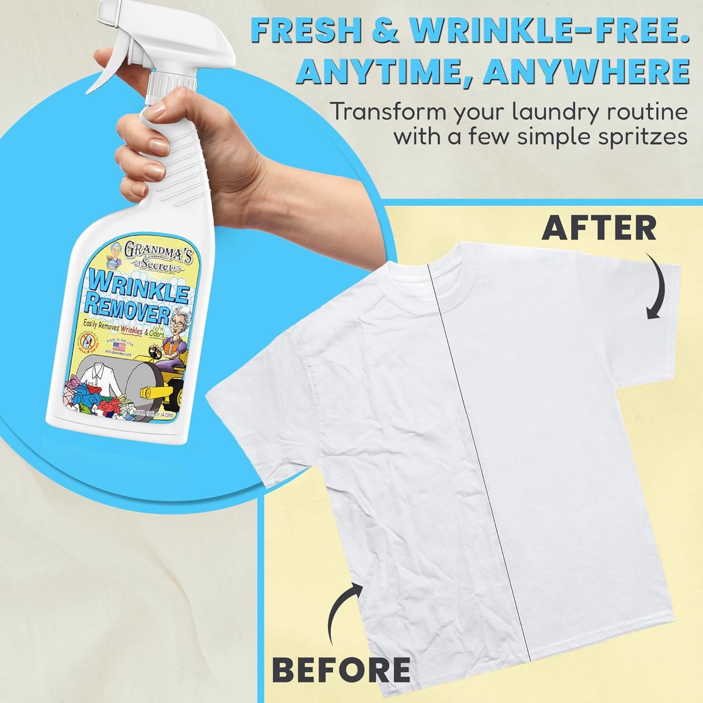 Grandma's Secret Wrinkle Remover Spray - Easily Removes Wrinkles & Odors - Wrinkle Release, Fabric Refresher Spray, Chlorine, Bleach and Toxin-Free - 16 Ounce