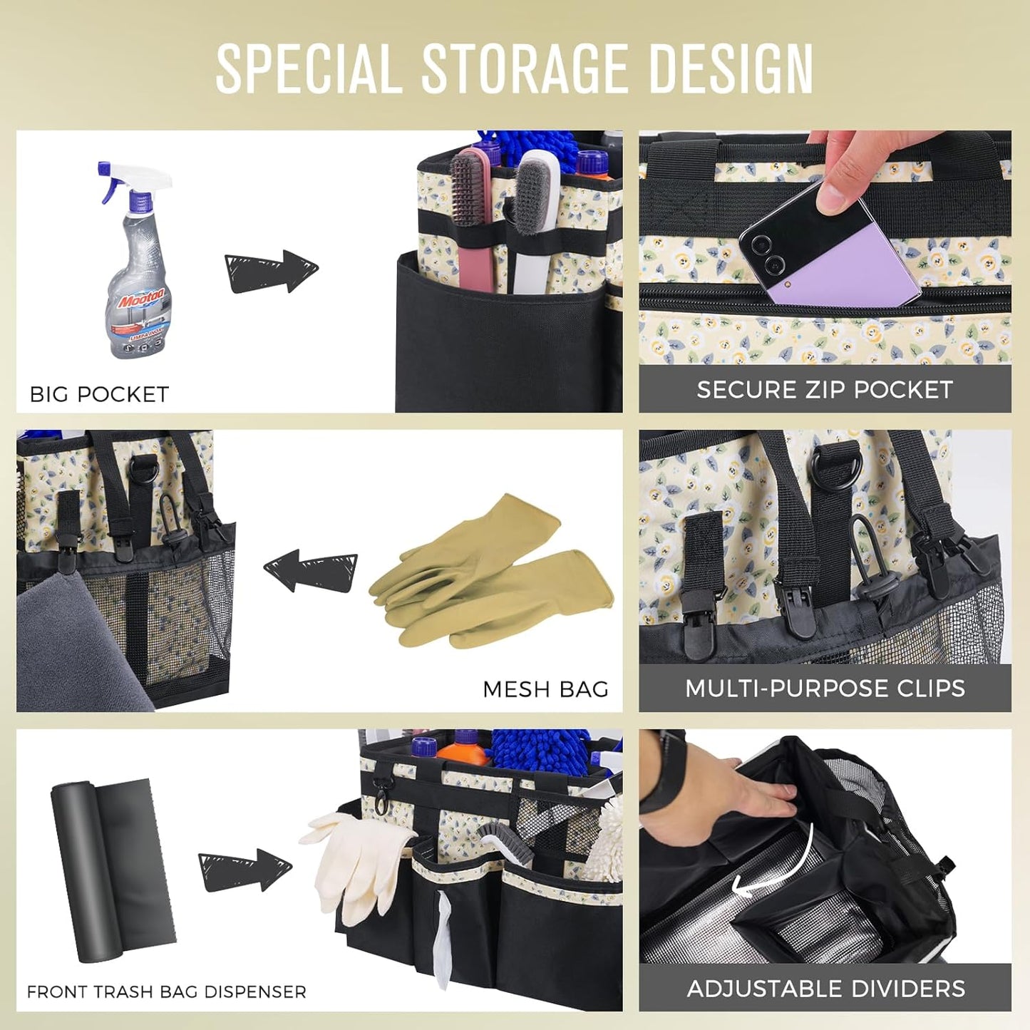 Wearable Cleaning Caddy, Cleaning Caddy Supplies Organizer with Handle & Shoulder Straps for Housekeepers, Under Sink & Car Cleaning Tool Organizers Bag with 4 Foldable Divider (YellowFlower)