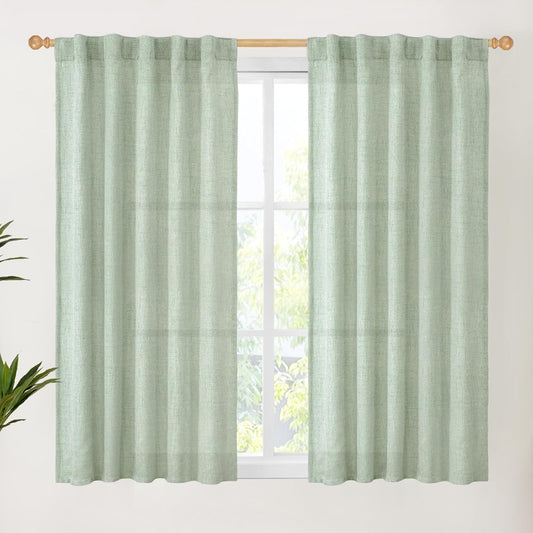 YoungsTex Sage Green Curtains 54 Inch Length for Kitchen, Light Filtering Semi Sheer Linen Window Drapes Rod Pocket Back Tab for Short Living Room Cafe, 2 Panels, 42 X 54 Inch