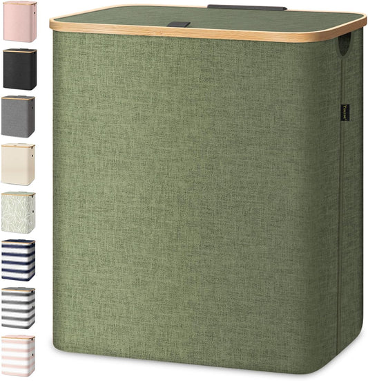 BALEINE Laundry Hamper with Lid, Tall Laundry Baskets with Bamboo Pull Handles, Large Laundry Bin with Internal Support (36 Gal/140L, Green)
