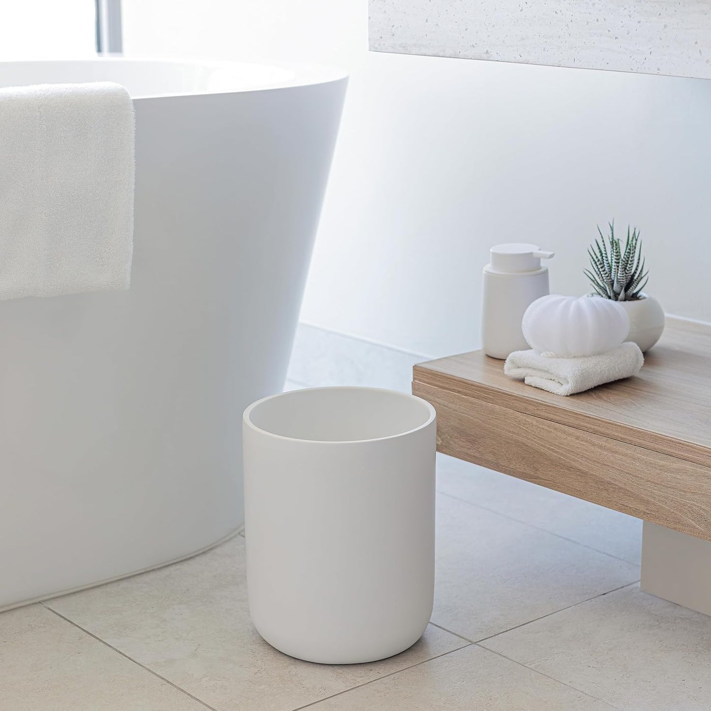 Matte White Round Compact Trash Can Mini, 2 Gallons / 7.5L Garbage Bin, Tiny Wastebasket for Bathrooms, Office, Under Desk, Bedroom, Laundry Room, Kitchen, Kids Room, and Dorm