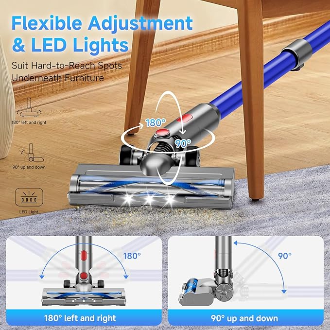 Cordless Vacuum Cleaner, 38Kpa Powerful Stick Vacuum Cleaner with 45mins Rechargeable Battery, LED Anti-Tangle Brush, 8-in-1 Handheld Vacuum Cleaners for Home/Pet Hair/Carpets/Floors, Blue