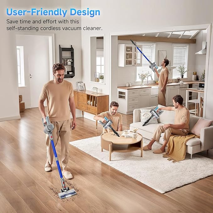 Cordless Vacuum Cleaner, 38Kpa Powerful Stick Vacuum Cleaner with 45mins Rechargeable Battery, LED Anti-Tangle Brush, 8-in-1 Handheld Vacuum Cleaners for Home/Pet Hair/Carpets/Floors, Blue