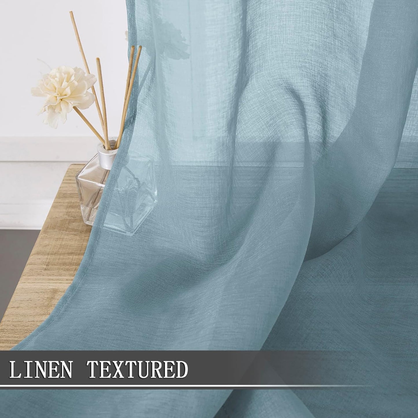 Tollpiz Sheer Curtains Linen Textured Living Room Curtain Sheers Light Filtering Rod Pocket Voile Curtains for Bedroom, 42 x 63 inches Long, Dusty Blue, Set of 2 Panels