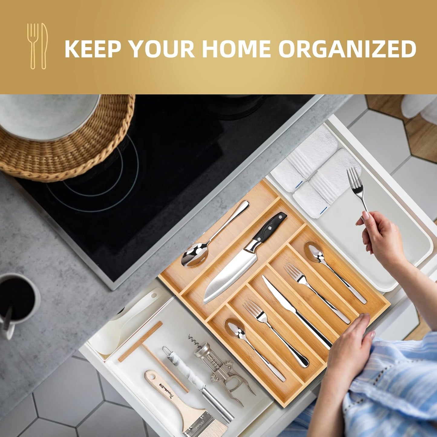Silverware Organizer Bamboo Kitchen Drawer Organizer Utensil Organizer Silverware Holder Cutlery Organizer in drawer Flatware Organizer Tray (Natural 7 Slots)