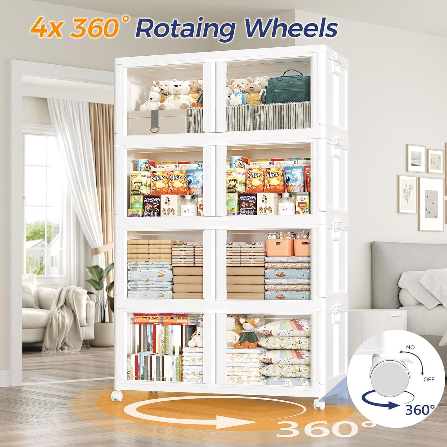 800Qt Stackable Storage Bins with Lid and Wheels, 200Gal Plastic Closet Organizer and Storage Drawer, Large Collapsible Storages Box Cabinet with Clear Door for Home Kitchen, 4Pack White