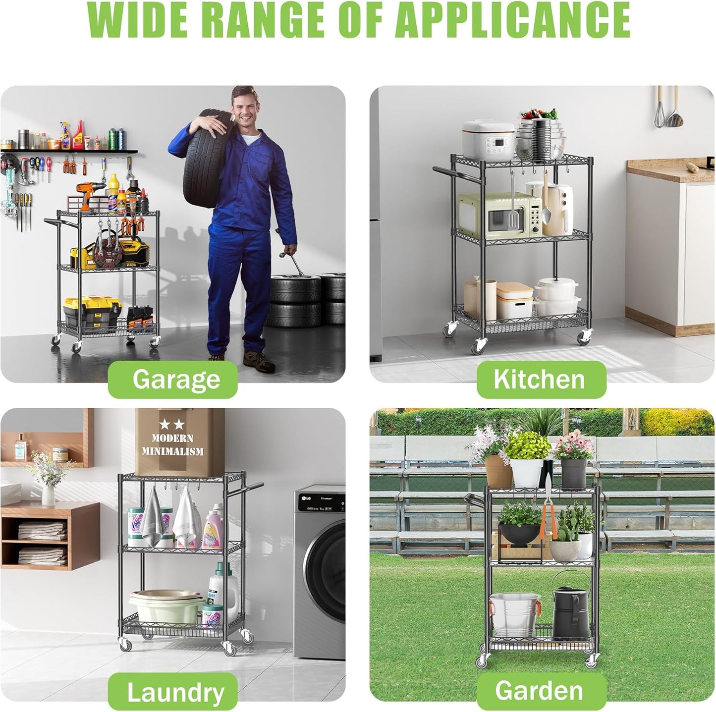 Metal Steel Wire Cart with Wheels, 3 Shelf Rolling Cart, Kitchen Trolley with Handle Bar&Shelf Liner, Commercial Grade Mobile Storage Cart for Kitchen, Living Room, Laundry, Grocery