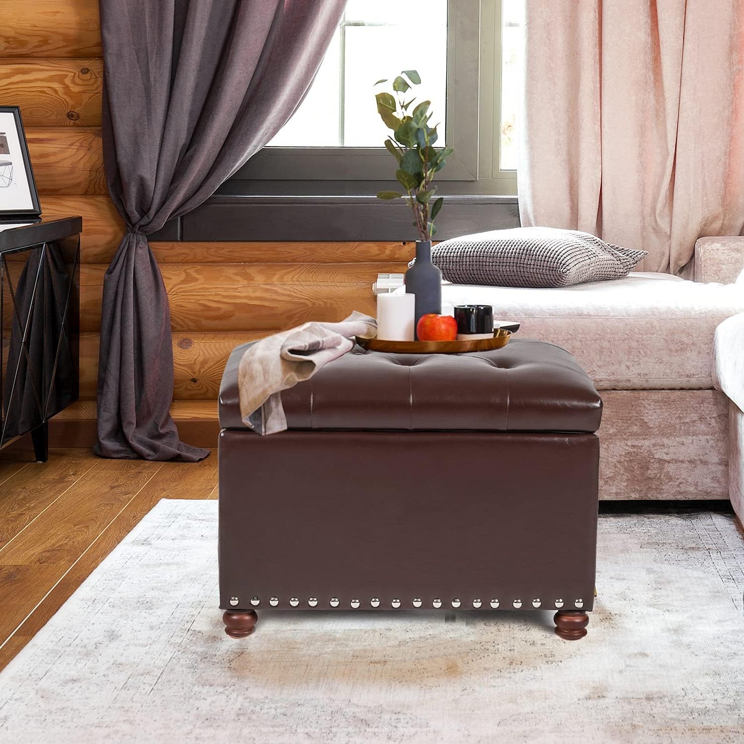 Leather Storage Ottoman Bench Foot Rest Stool with Nailhead Trim (Dark Brown - Button Tufted Leather)