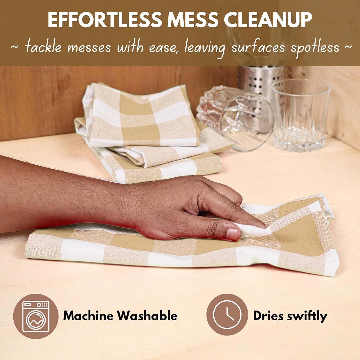 Native Fab 12 Pack Buffalo Check Kitchen Towel 16"x26" - Cotton Dish Towels Washable - Absorbent Tea Towels, Soft Hand Towel with Hanging Loop, Dish Cloth Set - Beige White