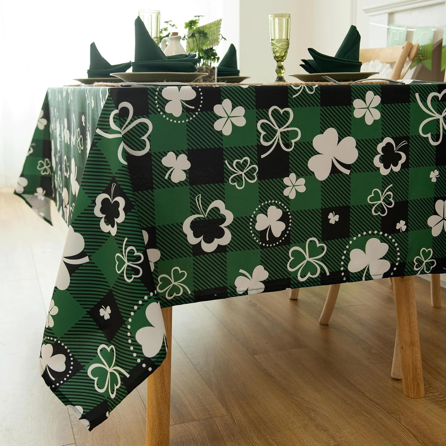 Saint Patricks Day Classic Buffalo Shamrock Tablecloth Fabric - Oblong 58x144 Inch Water Proof Checkered Table Cloth for Indoor Outdoor - Irish-Themed Gifts Table Cover for Holiday, Party