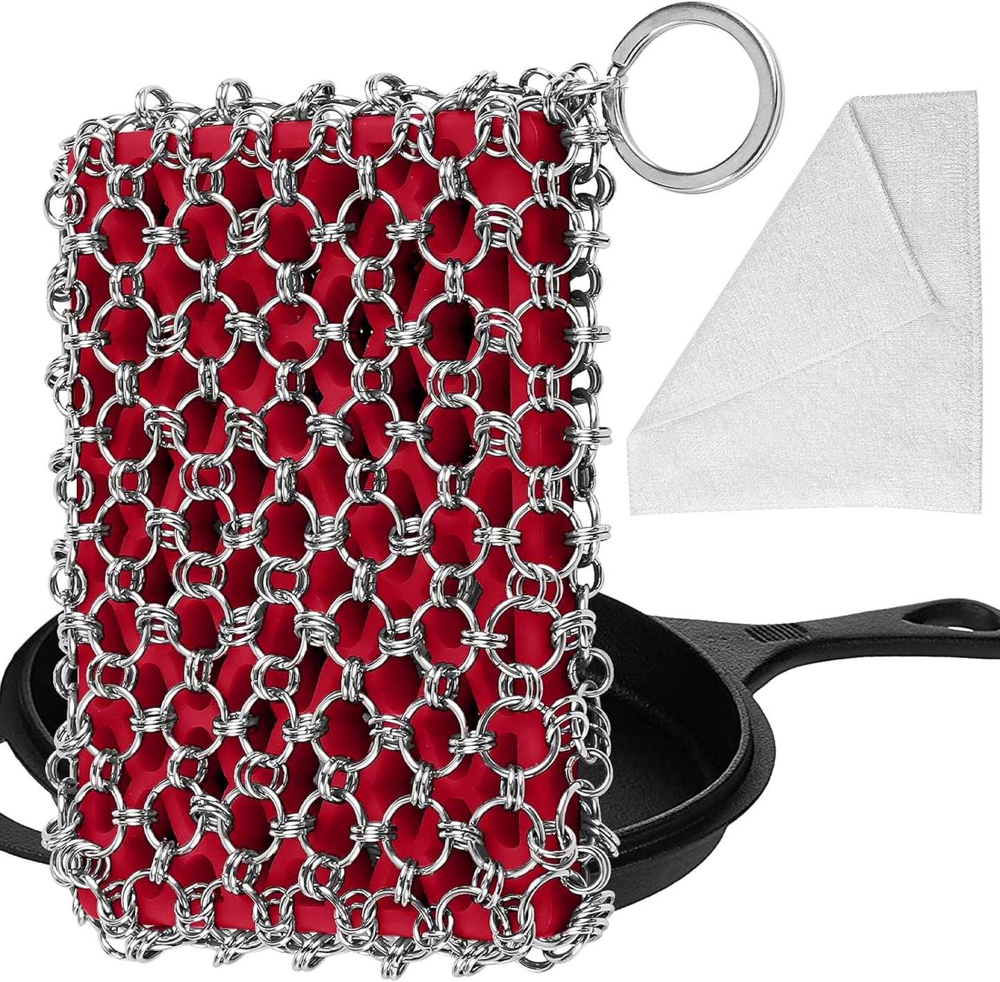 Herda 316L Cast Iron Scrubber Cleaner, Large Cast Iron Chain Mail Scrubber - Chainmail Scrubber Sponge - Metal Skillet Scrubbing, Wok, Dutch Oven Cleaning Kit