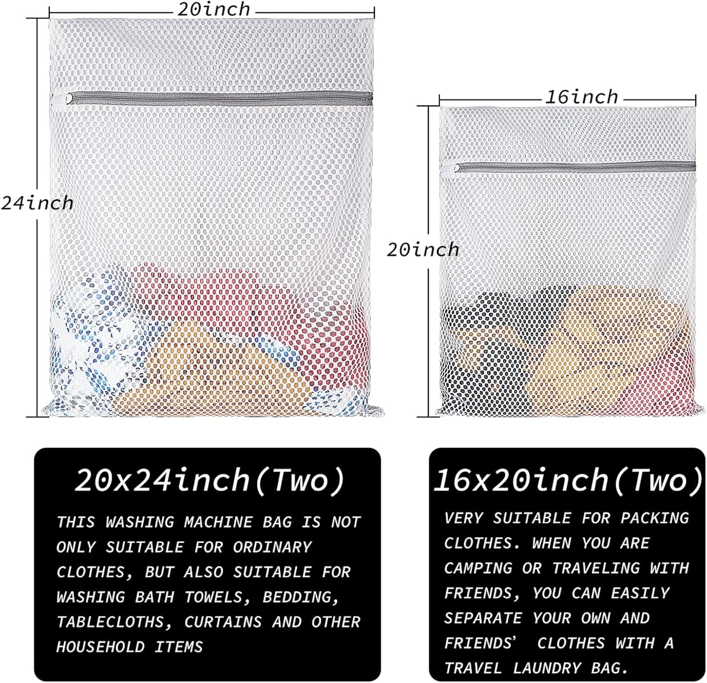 Extra Large Honeycomb Mesh Laundry Bag125gsm Net Fabric Durable and Reusable Delicate Wash Bag,Travel Organization Bag for Lingerie,Clothes,Jeans,Bath Towel,Sock (Set of 4(2L+2XL))