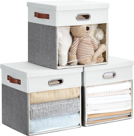 Fabric Storage Cubes with Clear Windows and Lids, 13'' Foldable Storage Bins with 3 Handles, Decorative Storage Boxes for Home, Bedroom, Closet, Office (Gray & White)