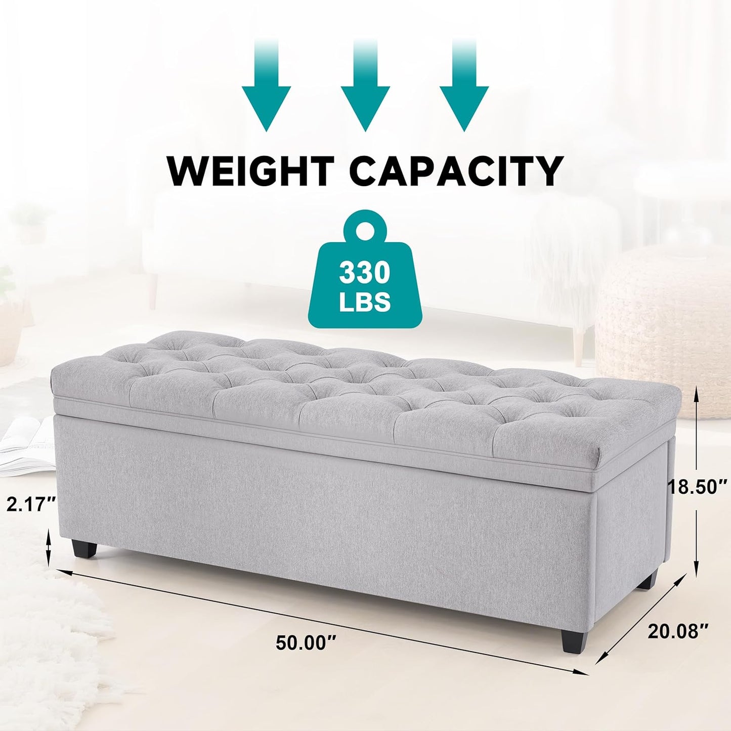 50" Storage Ottoman Bench, Tufted Ottoman with Storage for Living Room, Large End of Bed Ottomans, Modern Entryway Benchs, Window & Bedroom Benches for Foot of Bed (LightGray)