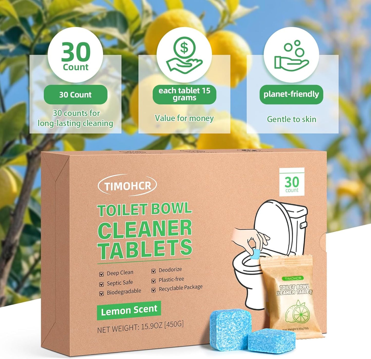 Toilet Bowl Cleaner Tablets 30 Big Pack Fast Dissolve Plastic-free Septic Safe Deodorize Remove Rust Stains, Hard Water Ring Remover, Toilet Cleaning