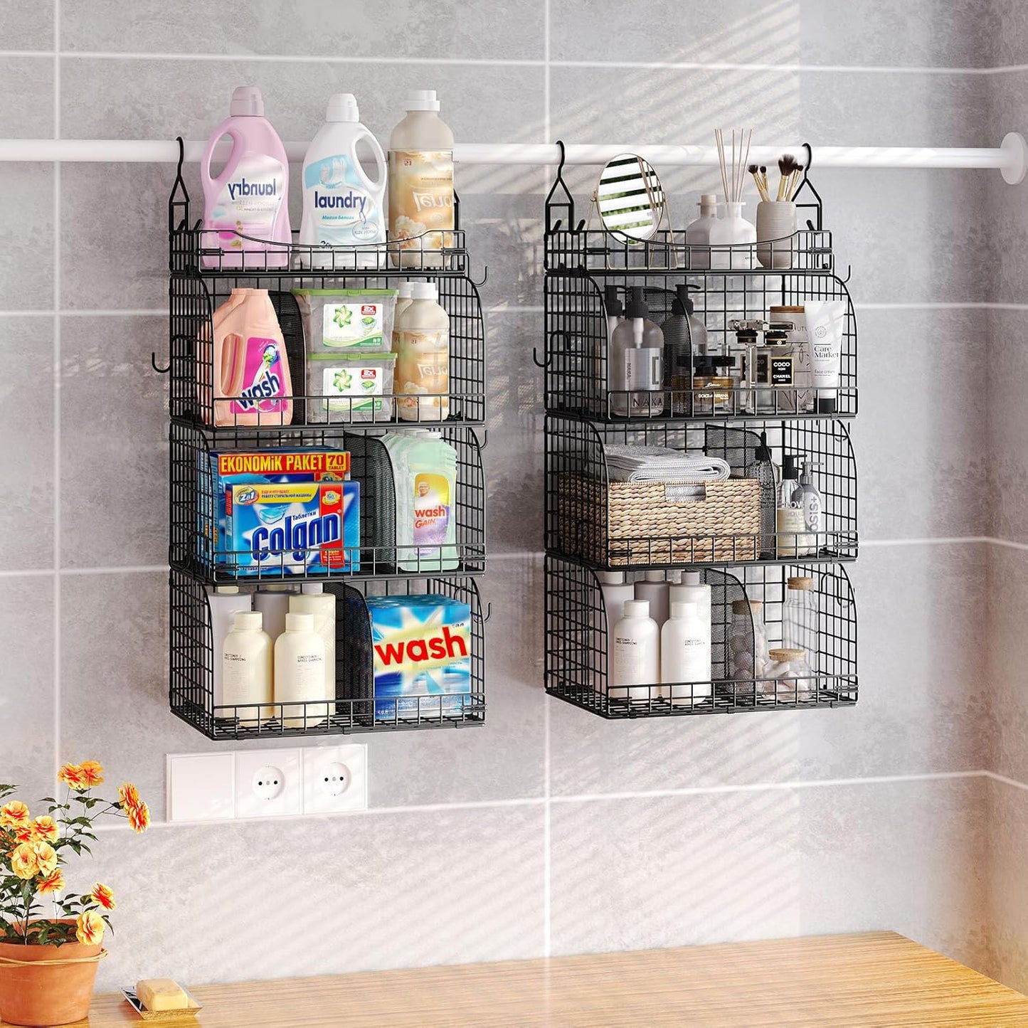 HapiRm Hanging Closet Organizer Storage - 4 Tier Metal Stackable Hanging Closet Shelves with Dividers and S Hooks, Foldable Clothes Shelves for Clothes, Pants, Shoes, Coat, Hats Clutches Accessories