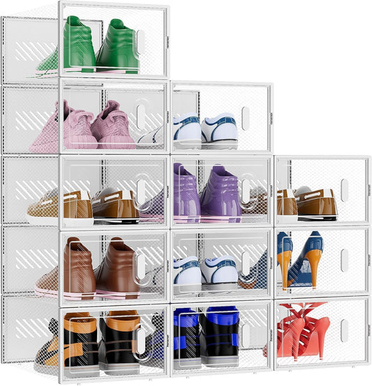 BALEINE 12 Pack Stackable Shoe Storage Boxes Fit Size 9, Thickened Clear Shoe Box Bins with Lids, Plastic Foldable Organizer Sneaker Storage Containers (12 Pack, Large White)