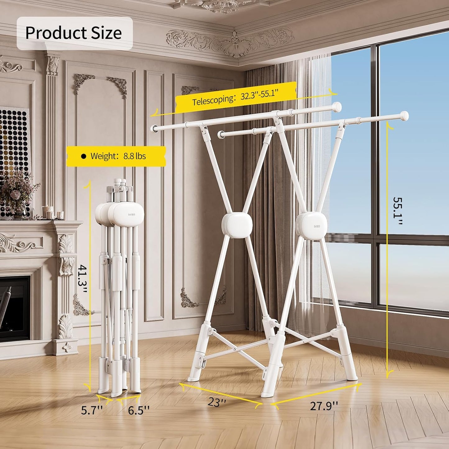 BIREN Clothes Drying Rack Heavy Duty Clothing Racks Extending Laundry Rack Two Drying Modes Garment Racks for Drying Clothes, Adjustable Length from 32-55 Inches for Indoor Outdoor Use