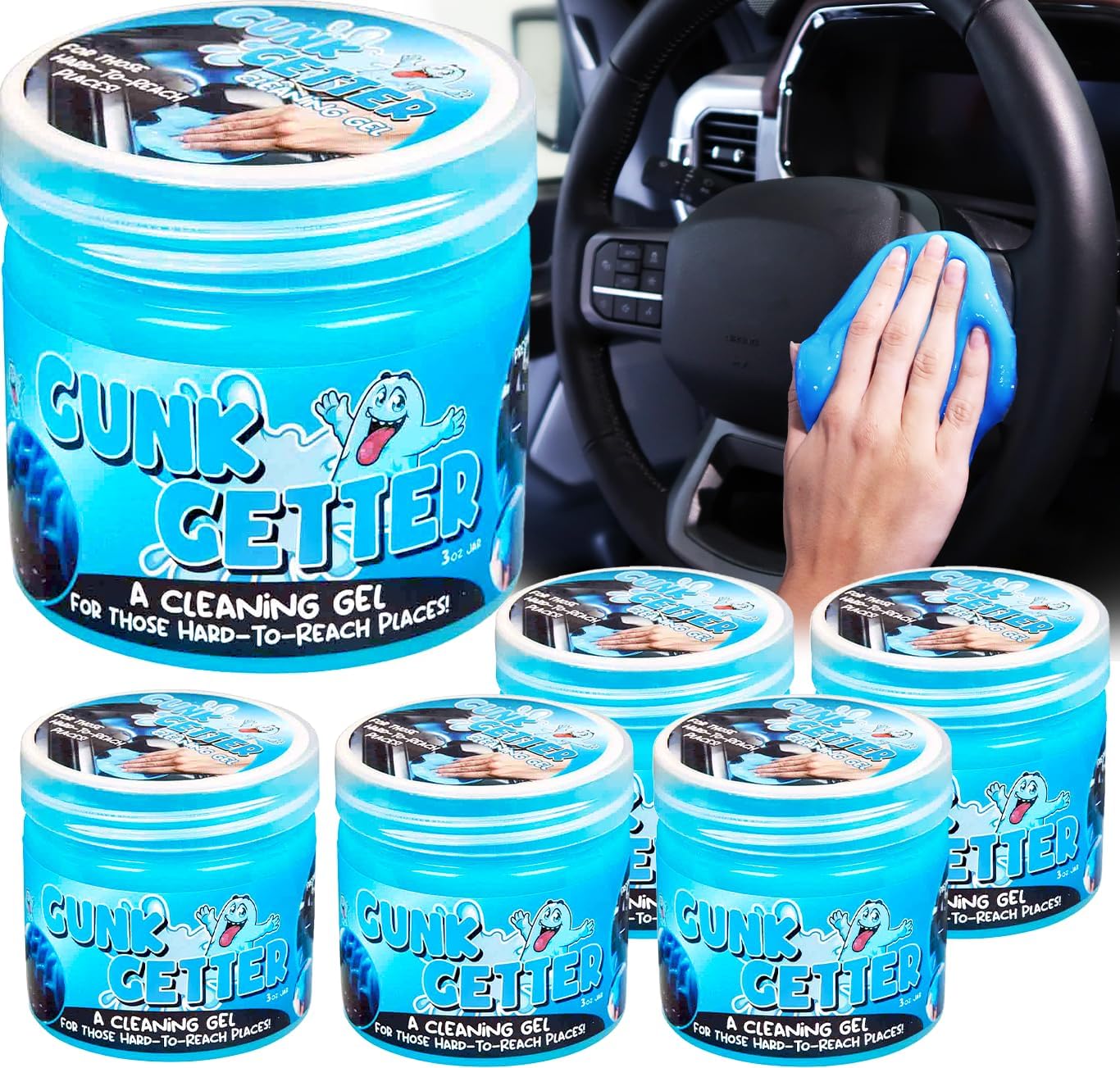 Gunk Getter, 6 Pack, Cleaning Gel for Those Hard to Reach Places, Automotive Cup Holder Electronic Keyboard Office, Slime Gel Cleaner Dust Crumb Removal
