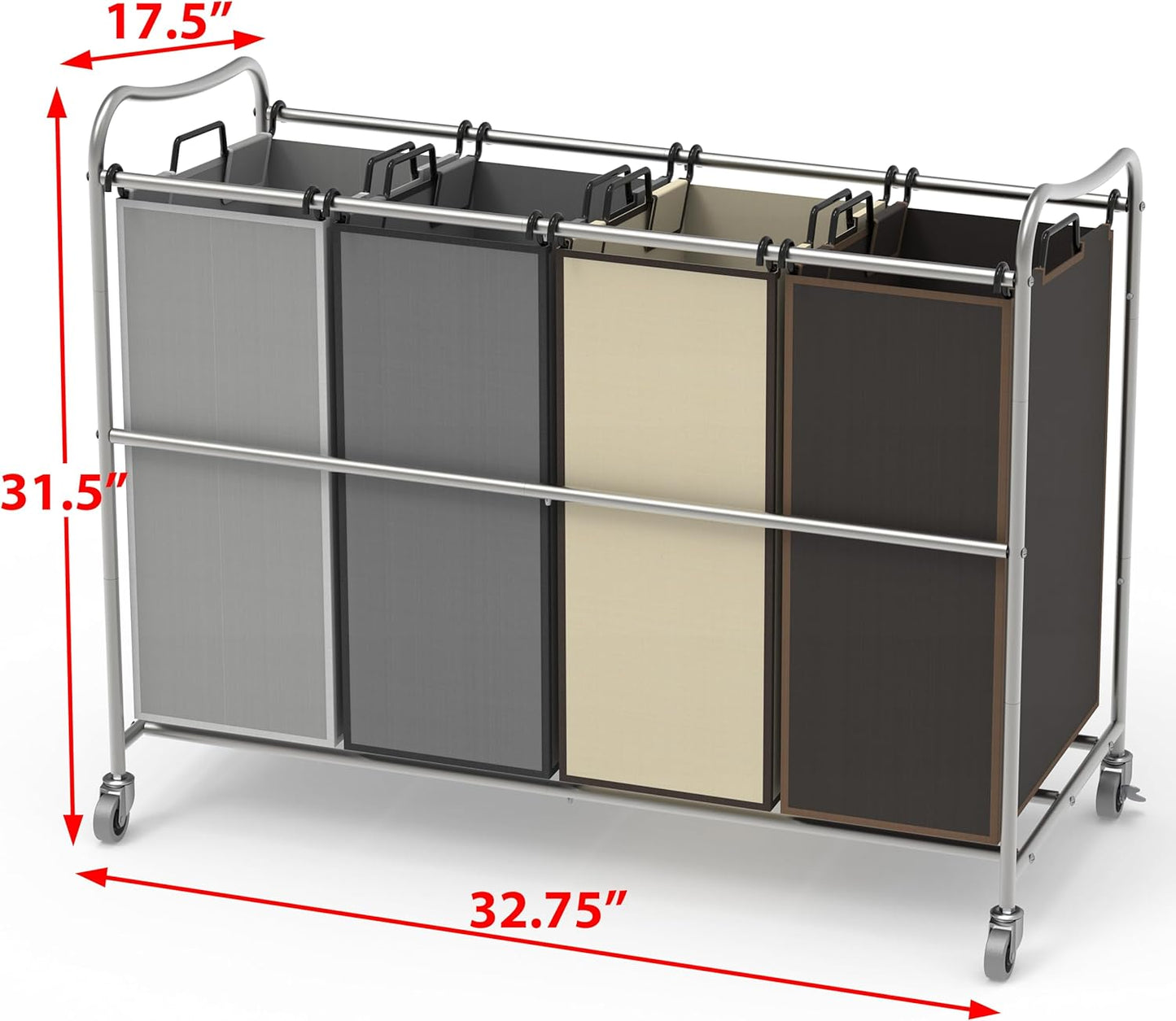 Simple Houseware 4-Bag Heavy Duty Laundry Sorter Rolling Cart, Silver/Assorted