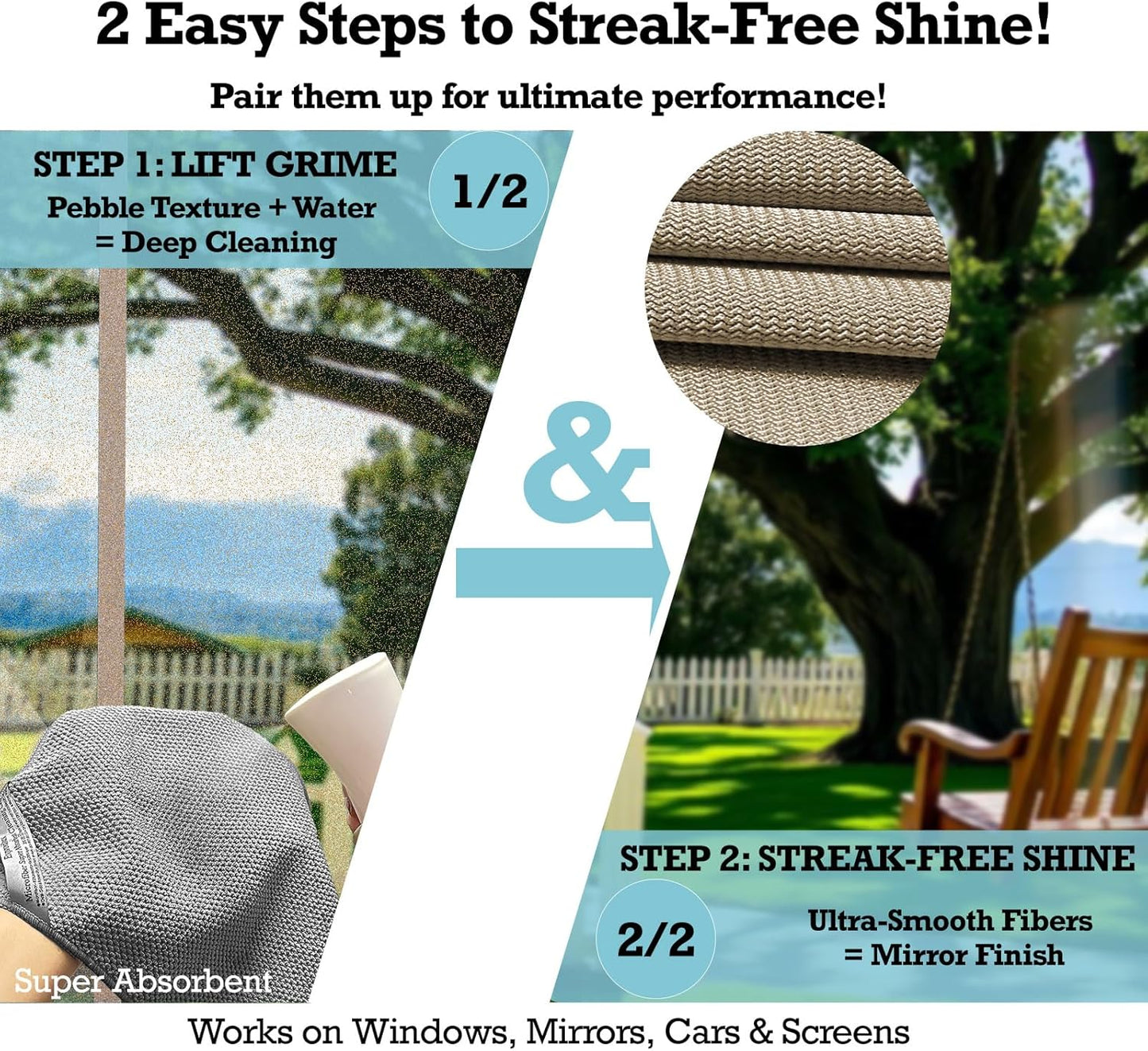 2-Step Glass Cleaning Cloth 3-Pack - Lint-Free Microfiber Towels Polish & Scrub Kit - Water Only Streak-Free for Windows, Cars, Mirrors - Blue, Brown, Gray
