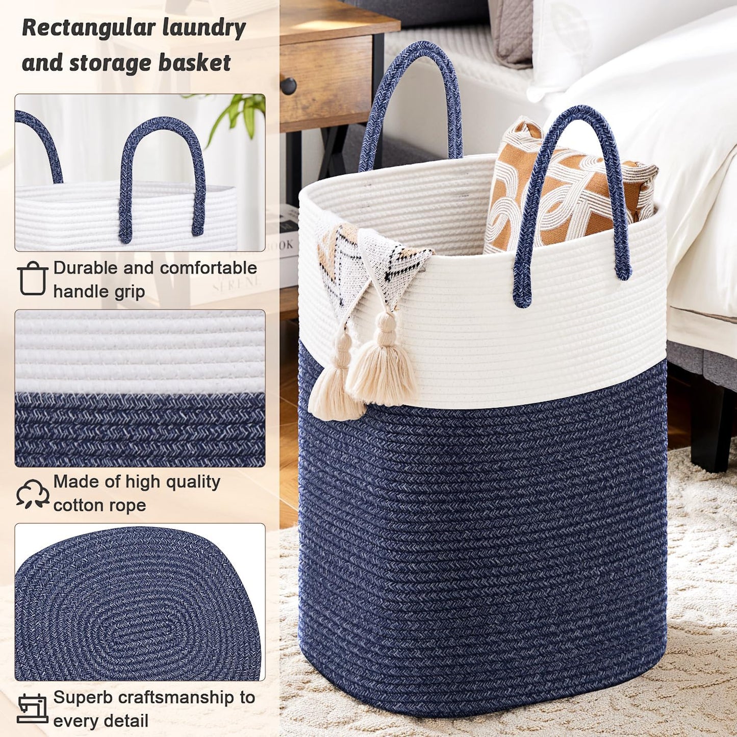 Laundry Basket,Woven Cotton Rope Laundry Hamper,Versatile Storage for Dirty Clothes,Baby Toys,and Blankets in Bathroom, Nursery,and Living Room (Blue, 80L)