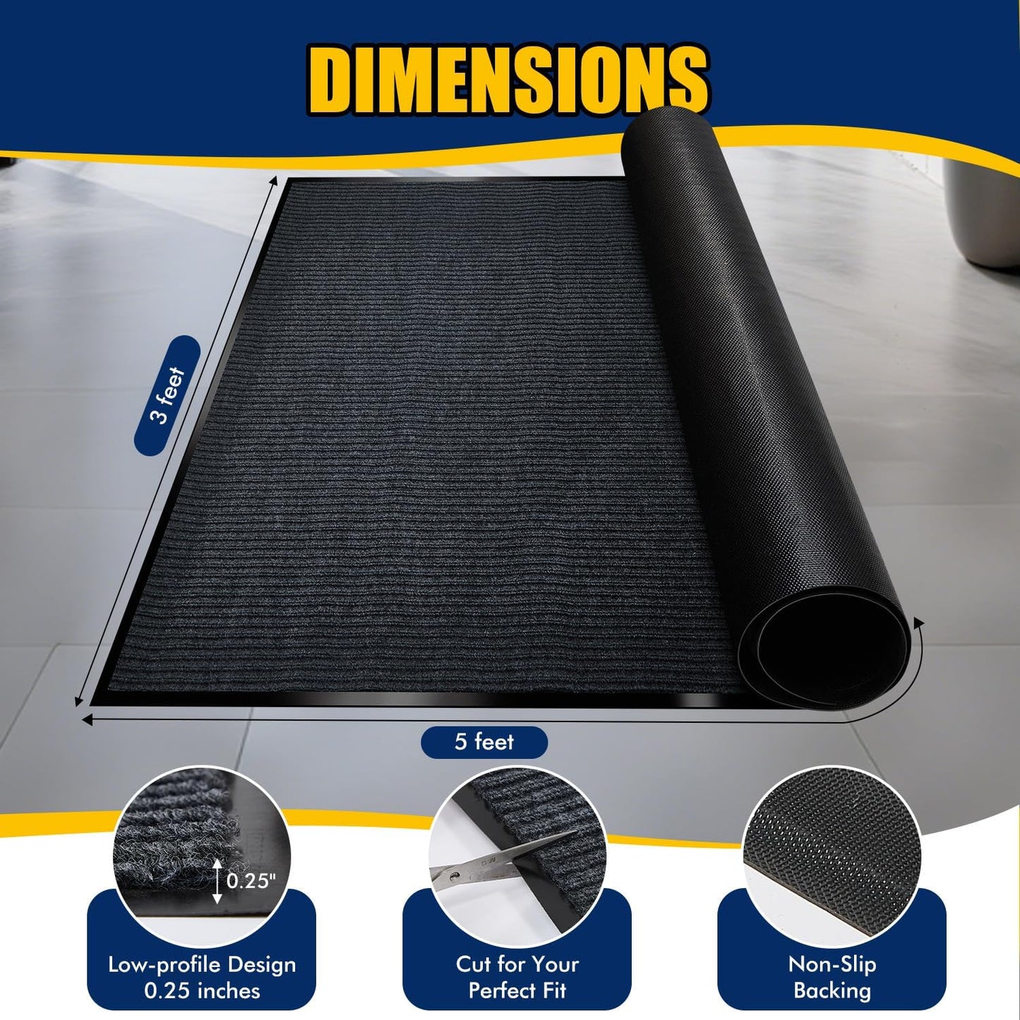 Entrance Mat for Home or Office - 3 x 5 Feet, Carpeted Indoor/Outdoor Entry Mat - Absorbent, Slip Resistant, Low-Profile, Easy to Clean, Rubber Entry Mat - Charcoal