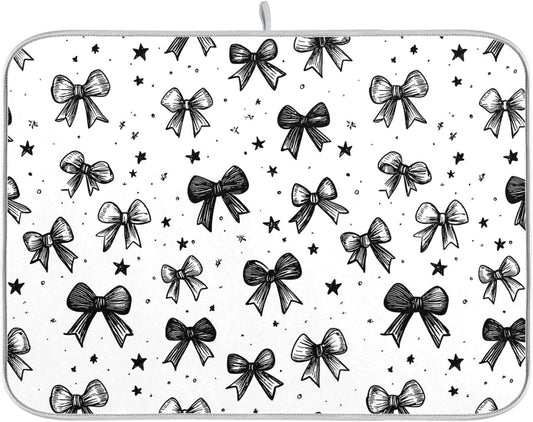 Black White Bowknot Dish Drying Mat for Kitchen Countertop 18x24 Rectangle Bow Large Drying Mat Reusable Quick Dry Dish Sink Absorbent Mats Dishwasher Easy Clean Decorative Home Decor Essentials