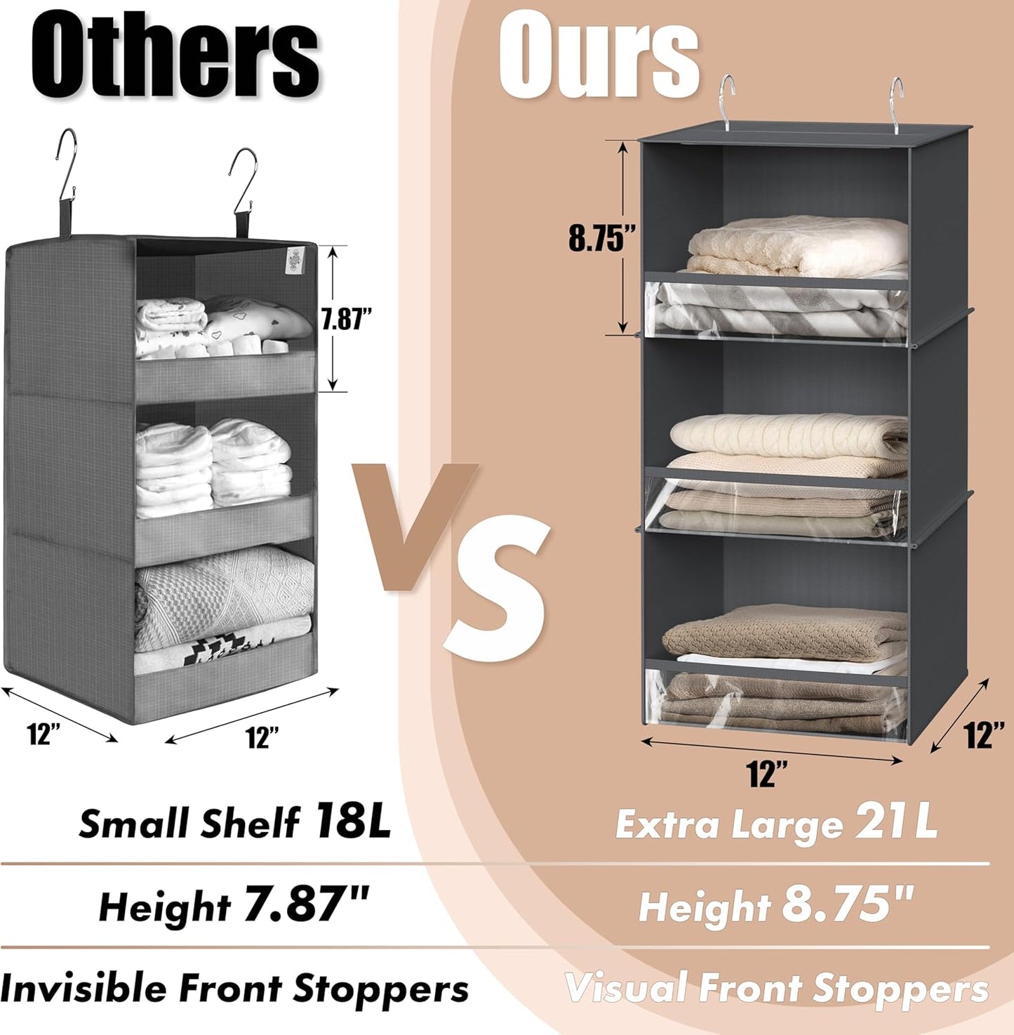 SIMPLE HOUSEWARE 3 Shelf Hanging Closet Organizer with Front Stopper, Dark Gray