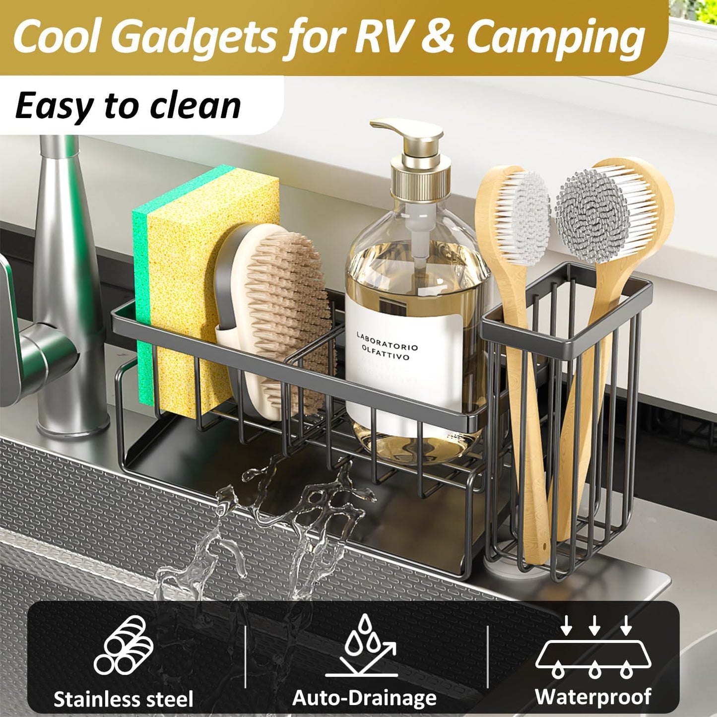 Sponge Holder & Sink Caddy Organizer - Rustproof Kitchen Sink Organizer with High Brush Holder - Kitchen Essentials Countertop Storage Organization (Grey)