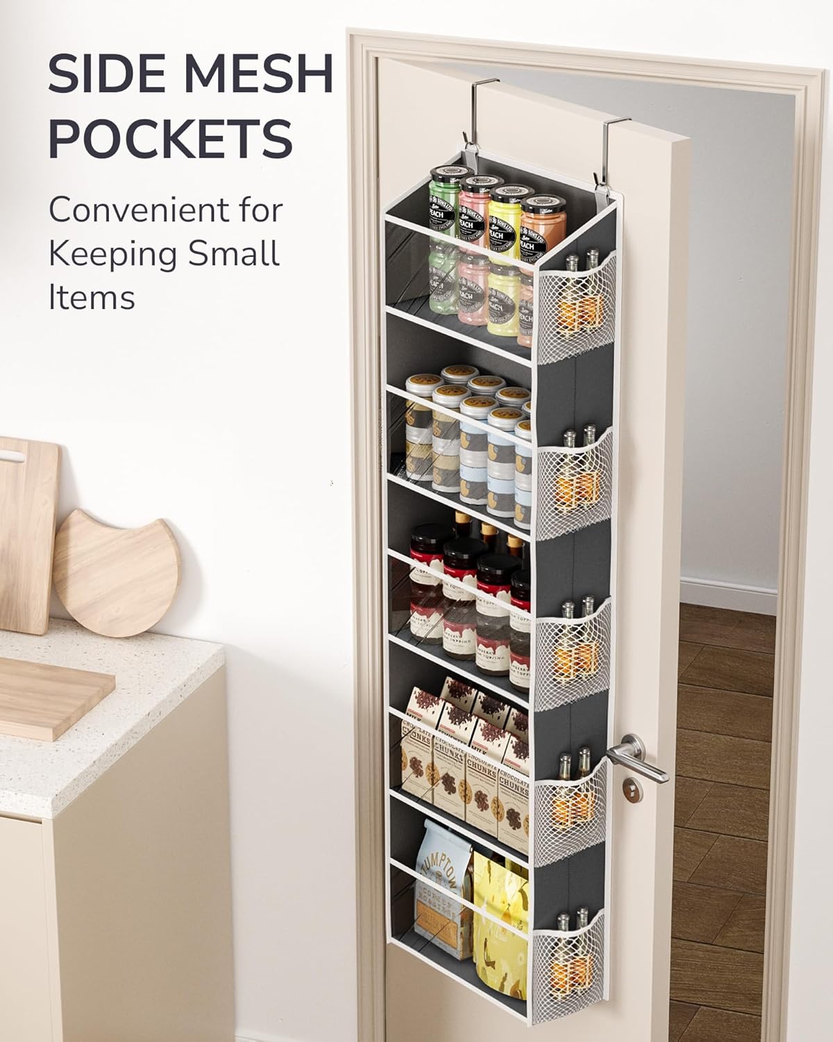 ULG 1-Pack Over Door Organizer with 5 Large Pockets 10 Mesh Side Pockets, 44 lbs Weight Capacity Hanging Storage Organizer with Clear Window for Bedroom Bathroom, RV, Clear Dark Grey