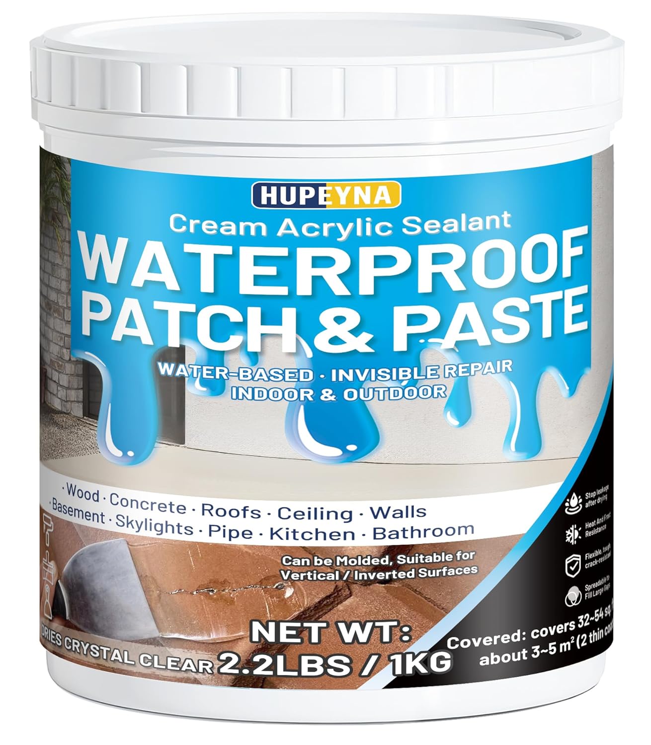 Waterproof Patch & Seal Rubberized Sealant Paste, 2.2lbs Anti-Leakage Clear Waterproof Paste Invisible Indoor & Outdoor Repair for Curved and Vertical Surfaces Wood, Tile, Stone, Roofs, Wall