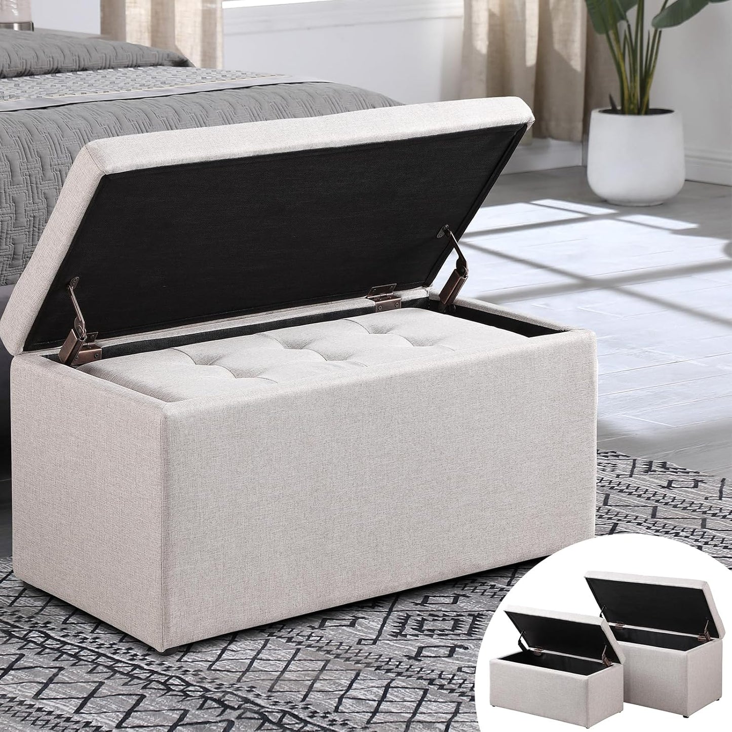 Storage Ottoman Bench with 2.56-inch Thick Seat, 31.5 inch Nesting Ottoman Set of 2, Hinged Flip Top Bench with Storage for Living Room, Bedroom, Beige