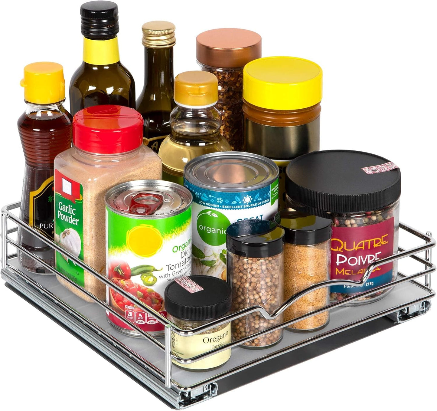 Pull Out Cabinet Organizer for Spices, Cans - Heavy Duty with Lifetime Limited Warranty- Pull Out Spice Rack- Cabinet Pull Out Shelf for Cans,Dishes, Etc, 10"W x 10"D x 2-1/8 H, Chrome