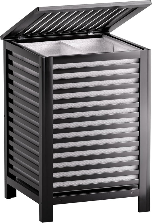 SMIBUY Double Laundry Hamper with Lid, 120L Bamboo Laundry Basket with Removable Liner Bag, 2-Section Clothes Divider Laundry Sorter for Laundry Room, Bathroom, Bedroom (Black)