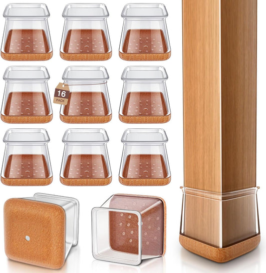 Chair Leg Floor Protectors Chair Leg Protectors for Hardwood Floors Silicone Caps Felt Strengthen Bottom Protection Anti-Scratch Reduce Noise 16 Pack Clear Square XL Fit:1-1/2" to 1-3/4" (38-44mm)